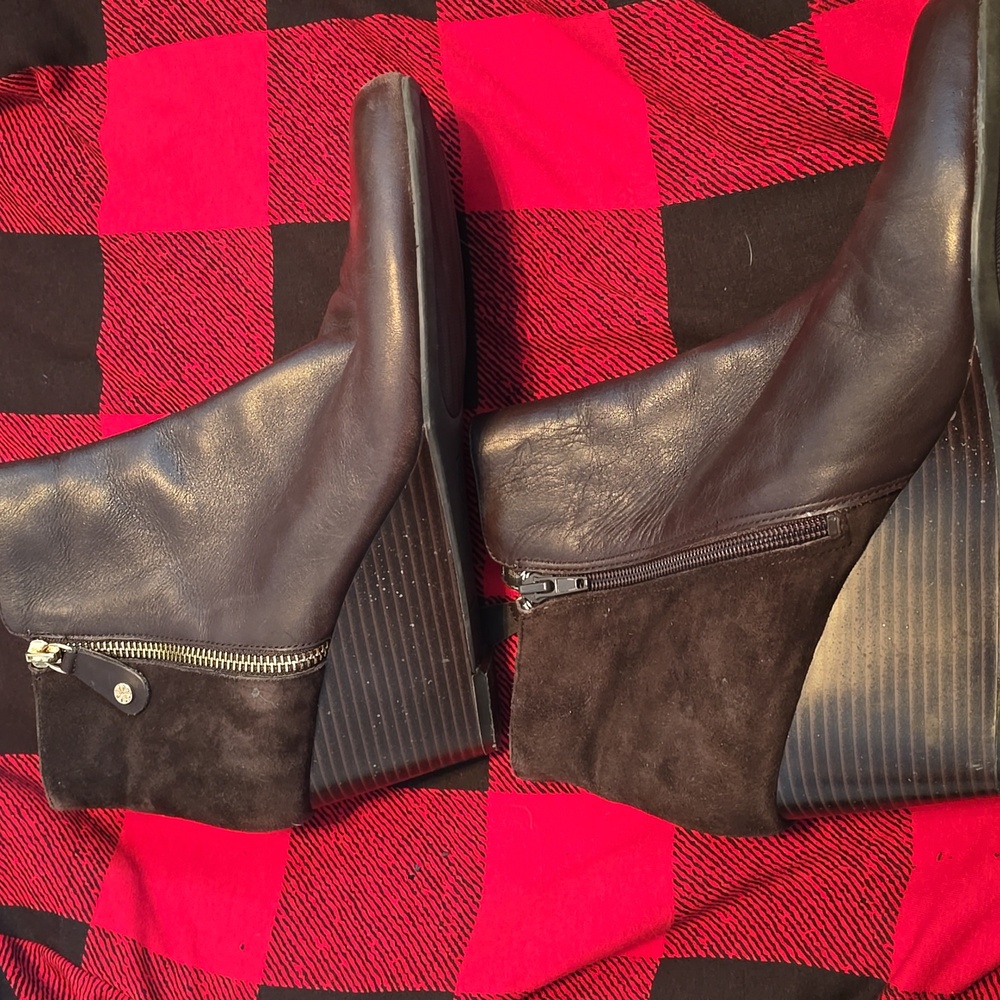 Chocolate Brown Isaac Mizrahi Live Kierra leather and suede wedge ankle boots